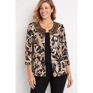 Chico’s Beaded Collar Blazer Jacket Sz 3 Floral Open Front 3/4 Sleeve